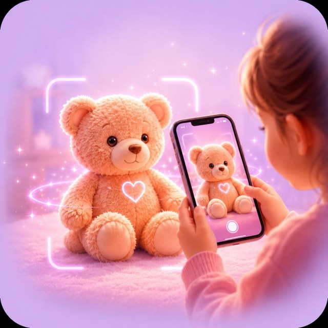 A phone camera framing a teddy bear to capture it