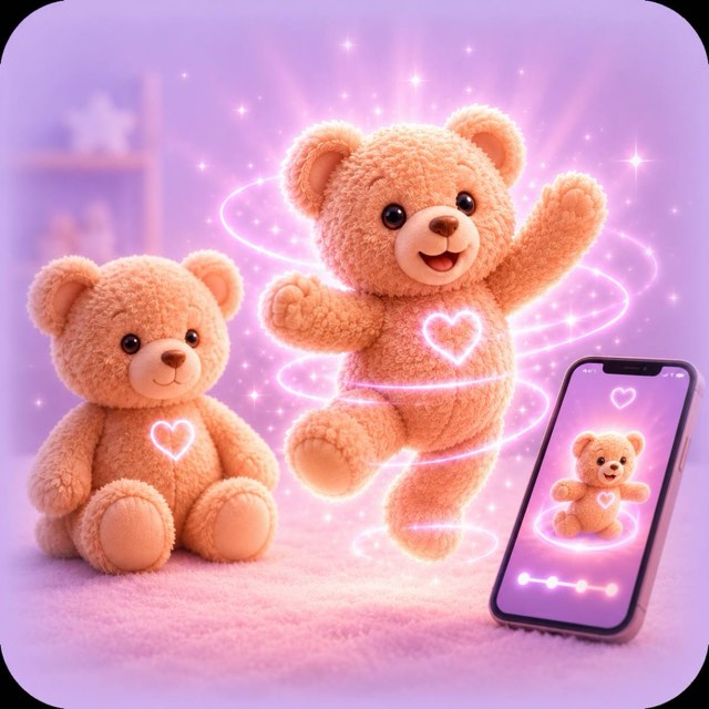 A teddy bear brought to life, waving and dancing