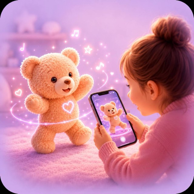A child talking with her animated teddy bear through her phone